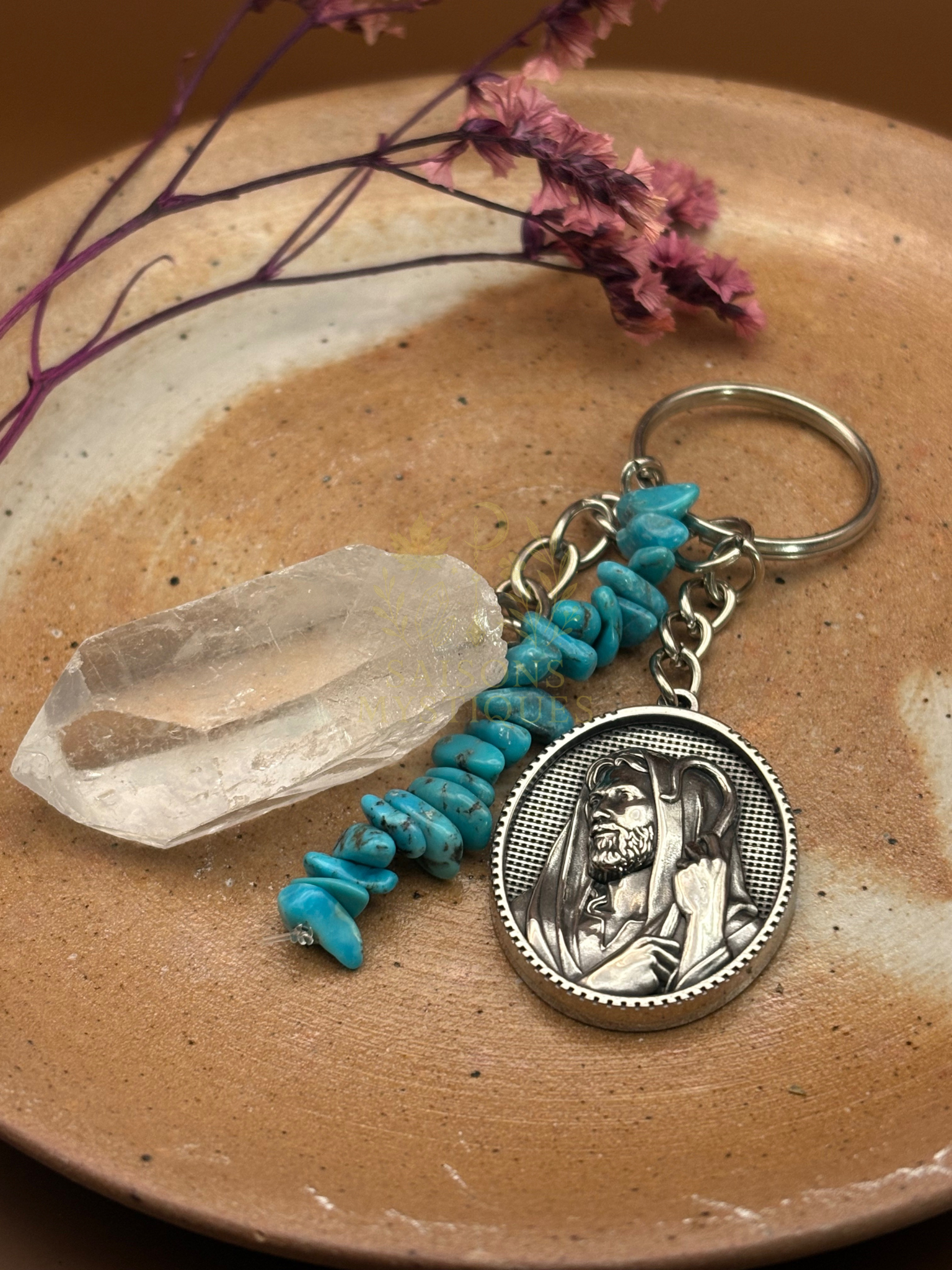 Porte clé Saint Christophe, avec Turquoise et Quartz blanc
