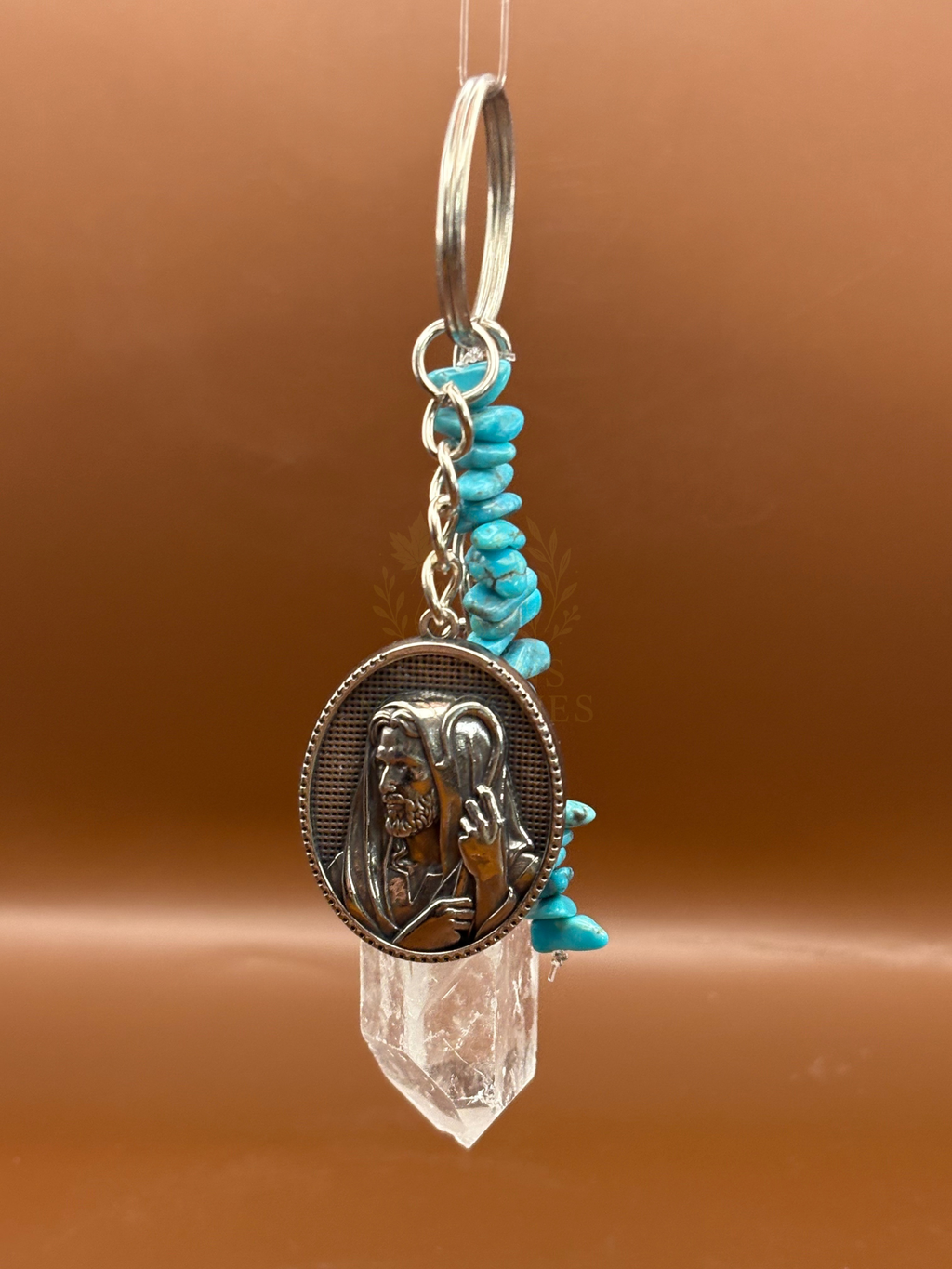 Porte clé Saint Christophe, avec Turquoise et Quartz blanc