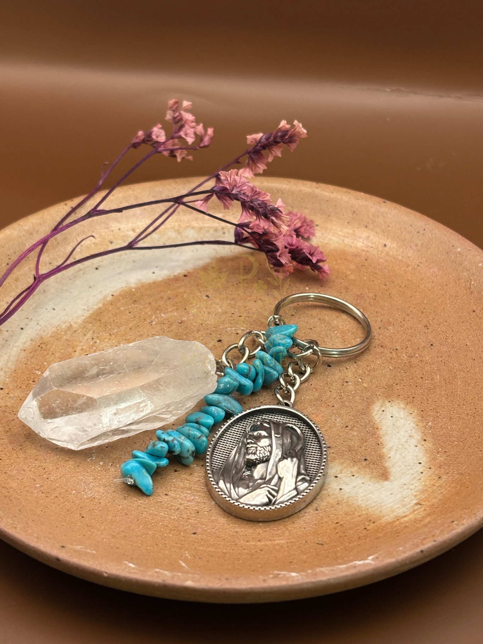 Porte clé Saint Christophe, avec Turquoise et Quartz blanc